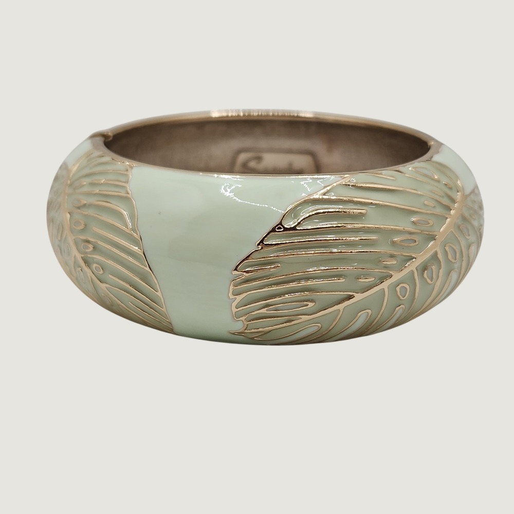 Chunky Boho Monstera Leaf Hinge Bangle Bracelet Mint Green Enamel Sequin
